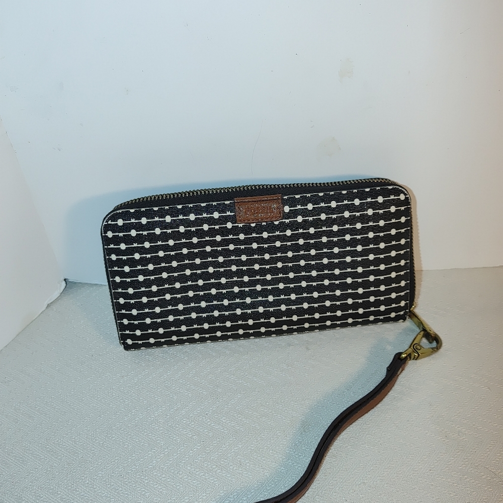 Wallet Clutch Fossil Canvas Brown Design Zip Arou… - image 1